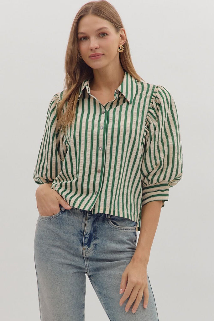 Green Stripe Button Up Top