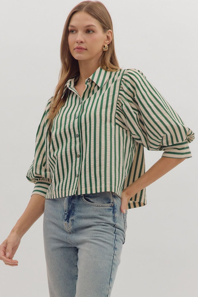 Green Stripe Button Up Top