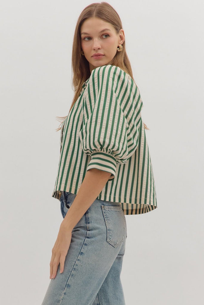 Green Stripe Button Up Top