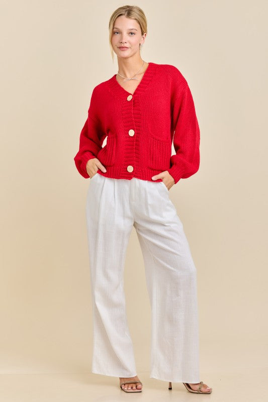 Red Chunky Button Cardigan