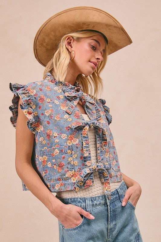 Denim Floral Tie Vest