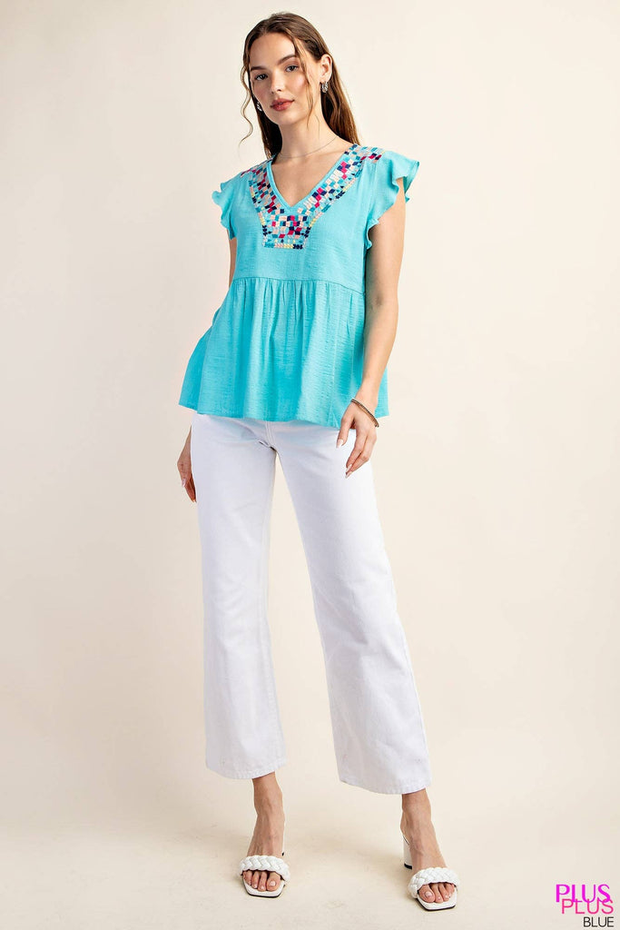 Cotton Embroidered V Neck Top