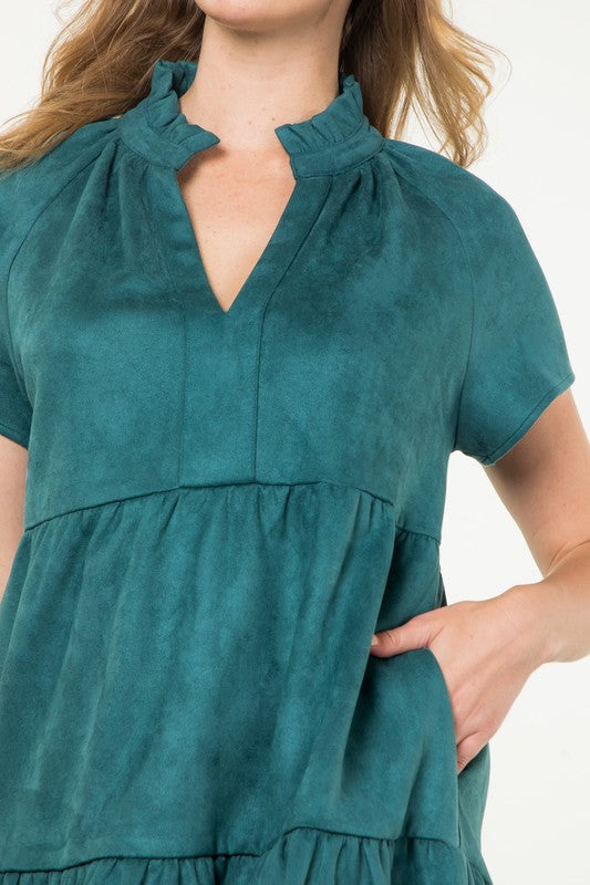 Teal Faux Suede Tiered Dress