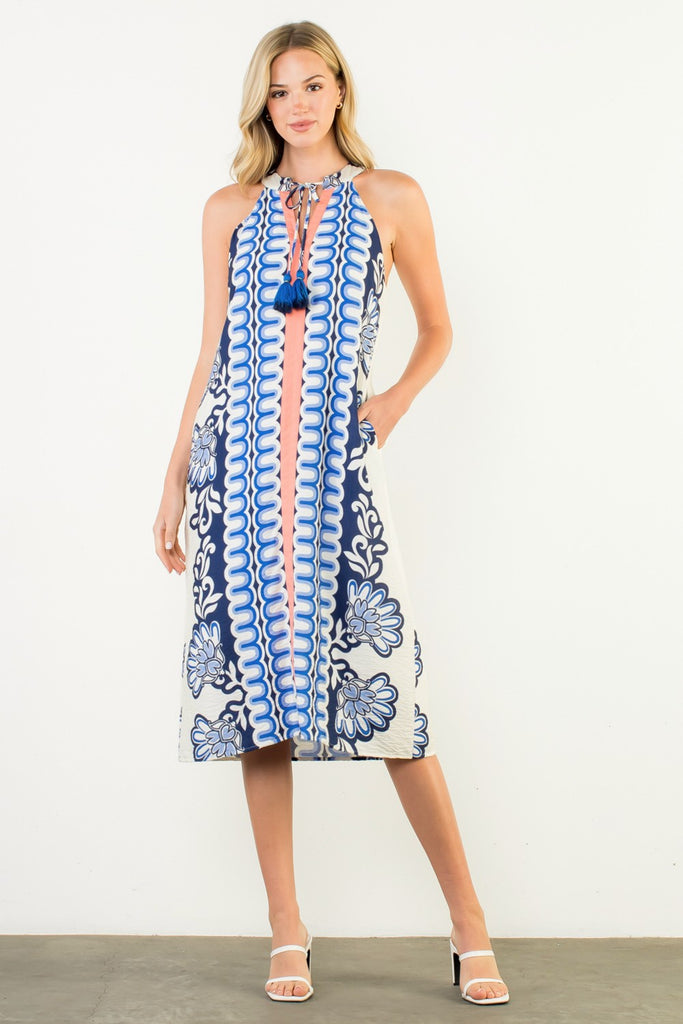 Navy Tassel Damask Dress