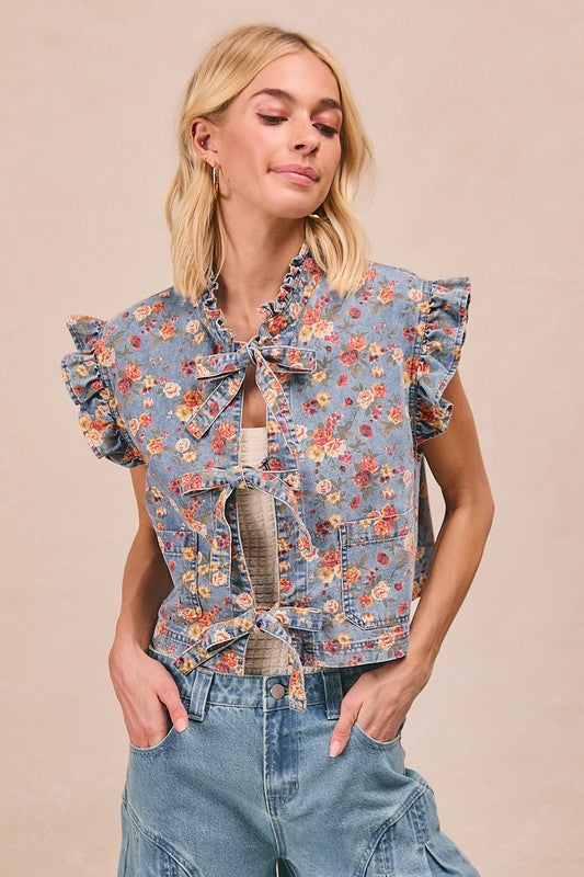 Denim Floral Tie Vest
