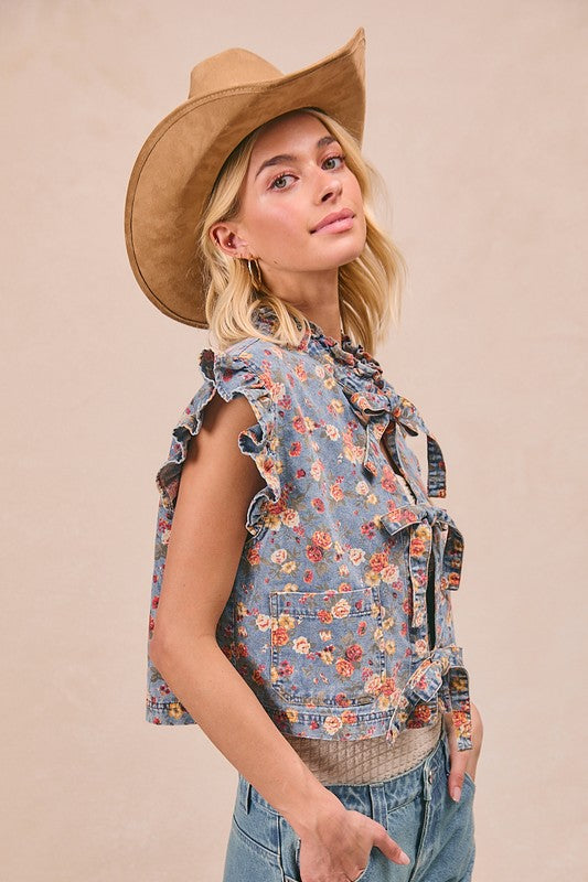 Denim Floral Tie Vest
