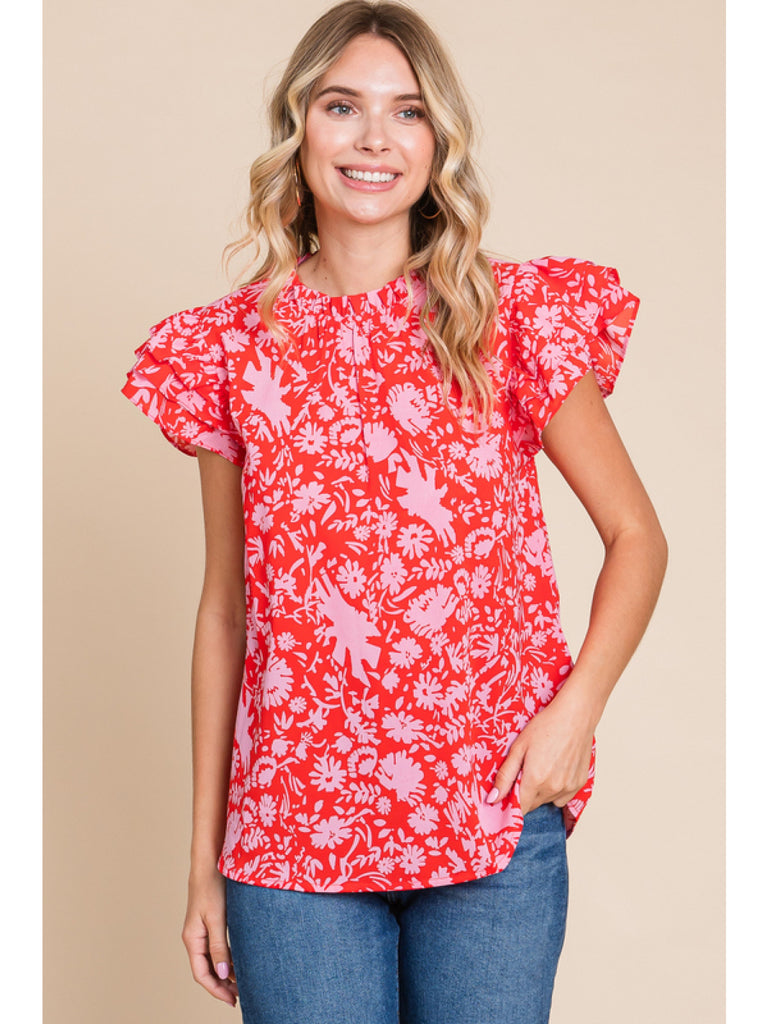 Floral Red Pink Contrast Blouse