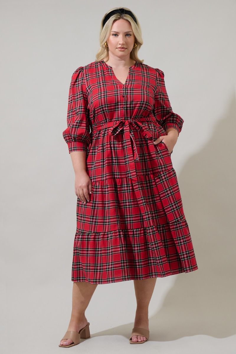 Boswell Tartan Plaid Yanis Button Up Midi Dress Curve RED-MULTI / 2X by Sugarlips Boswell Tartan Plaid Yanis Button Up Midi Dress Curve RED-MULTI / 2X by Sugarlips