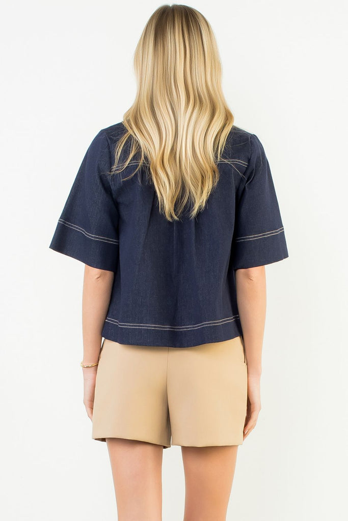 Denim Stitched V-Neck Top