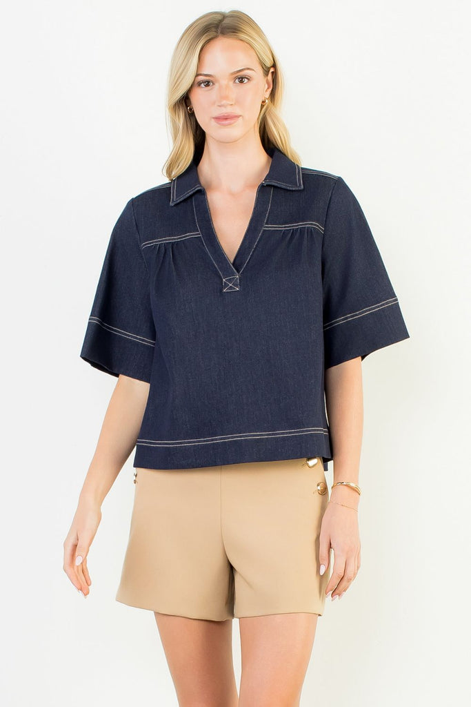 Denim Stitched V-Neck Top