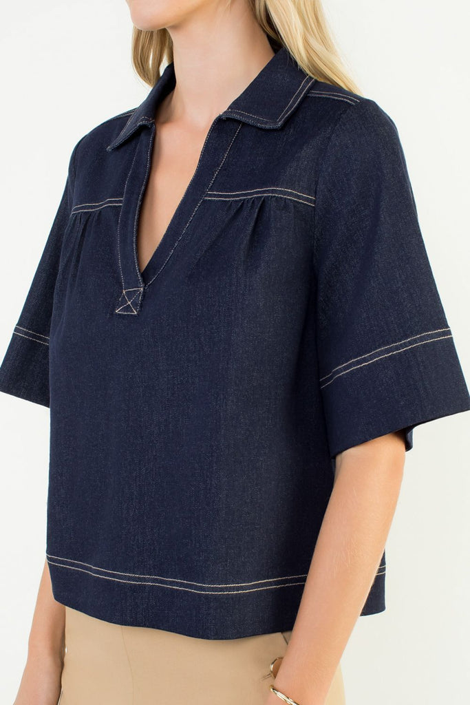 Denim Stitched V-Neck Top