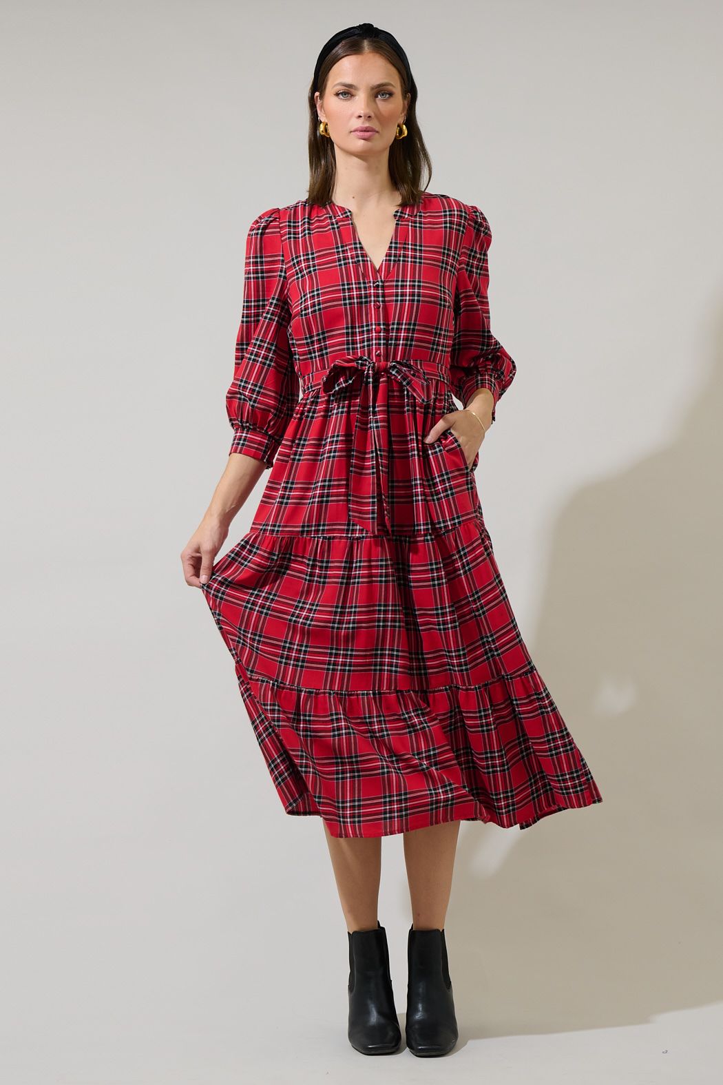 long tartan dress KJP Women's Maple Lake Trail Long Sleeve Flannel Belted Maxi Dress Kiel James Patrick