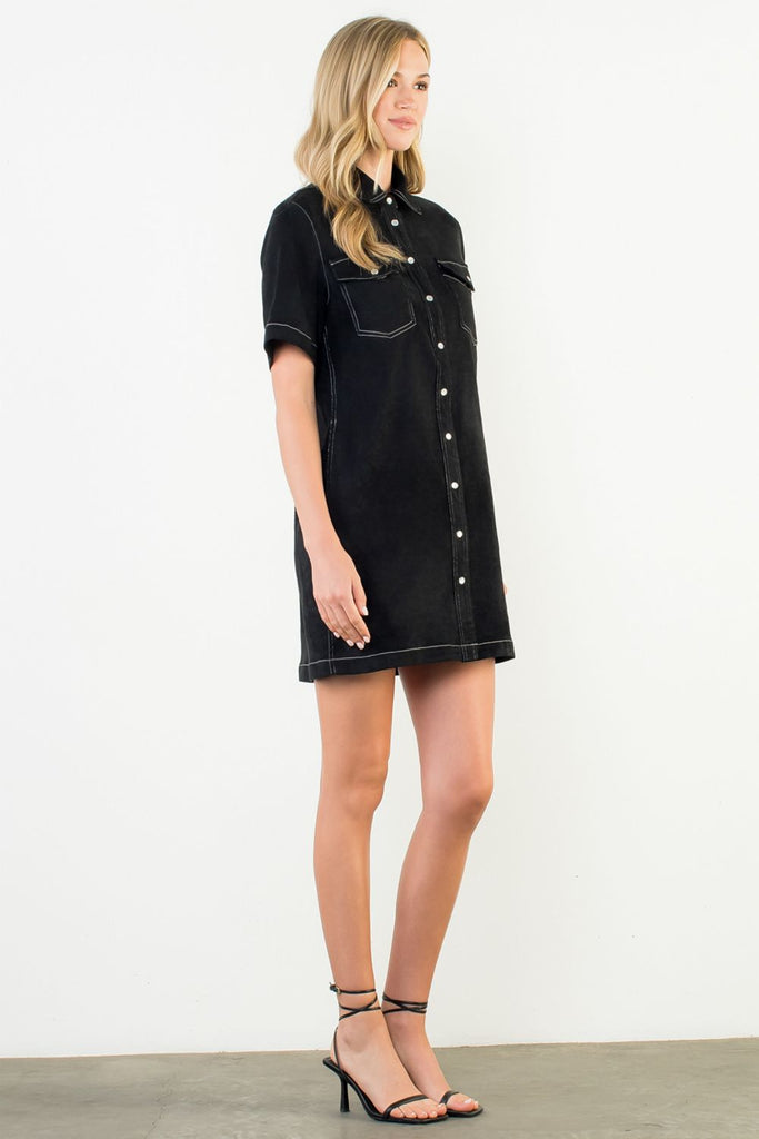 Black Faux Suede Button Dress
