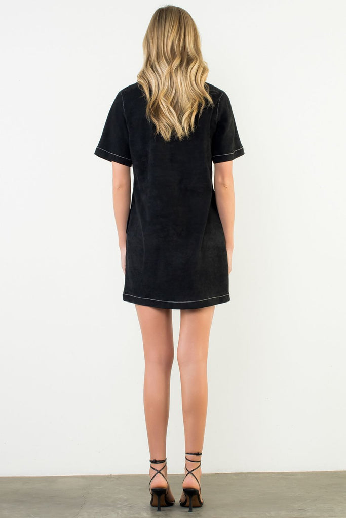 Black Faux Suede Button Dress