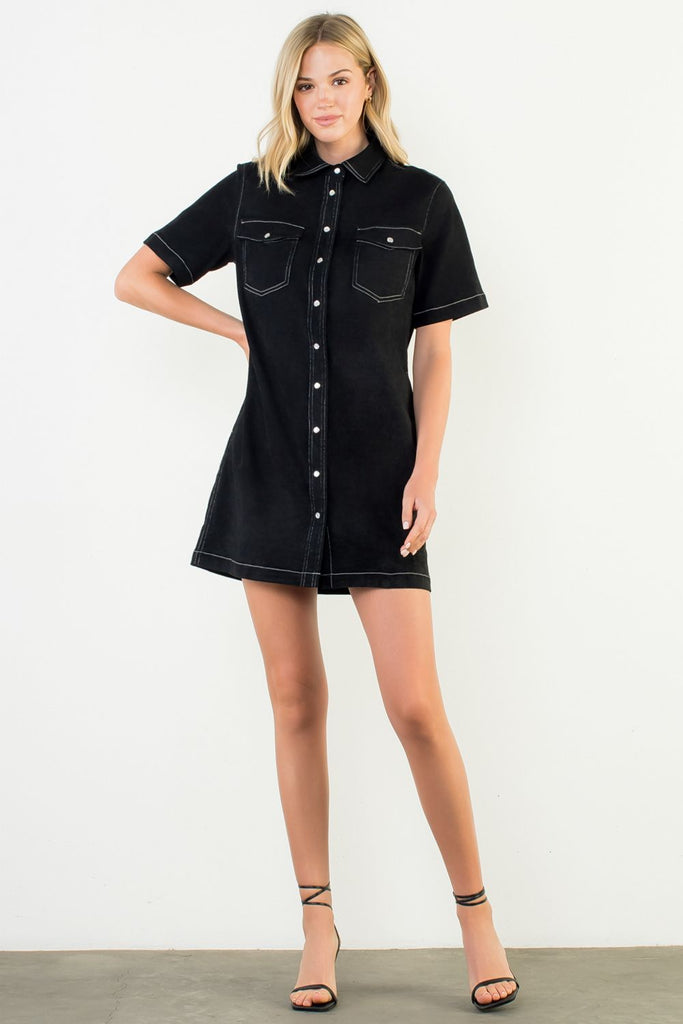 Black Faux Suede Button Dress