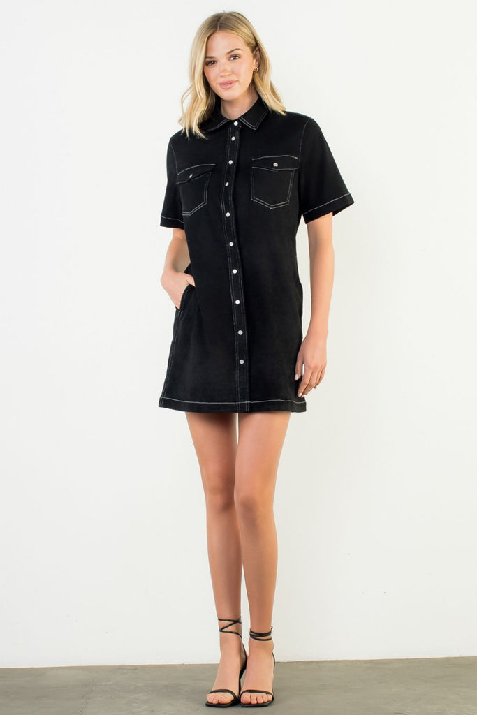 Black Faux Suede Button Dress