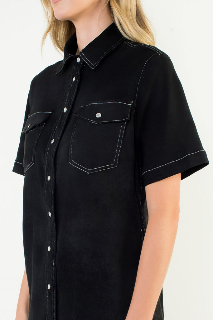 Black Faux Suede Button Dress