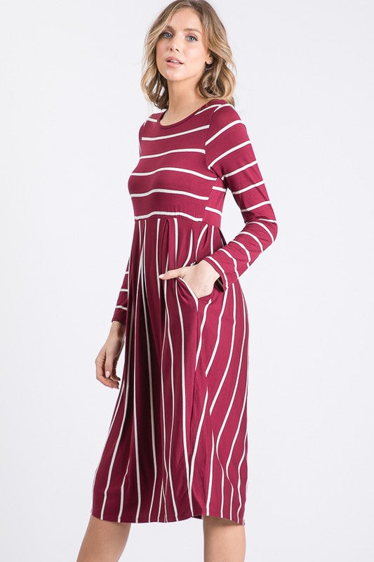 Burgundy Striped Empire Dress