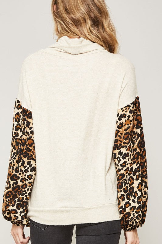 Leopard Sleeve Cowl Neck Top