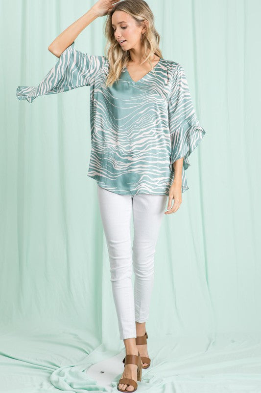 Geo Print Ruffle Sleeve Top