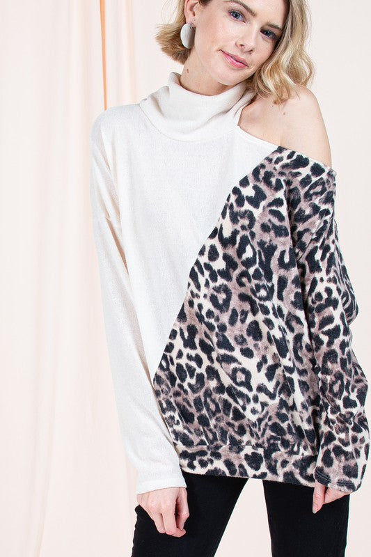 Open Shoulder Leopard Colorblock Top