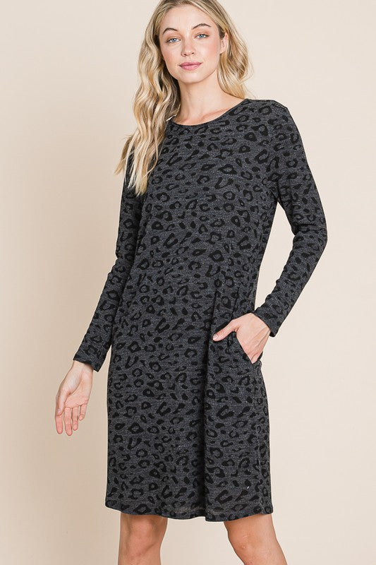 Grey Leopard Long Sleeve Dress
