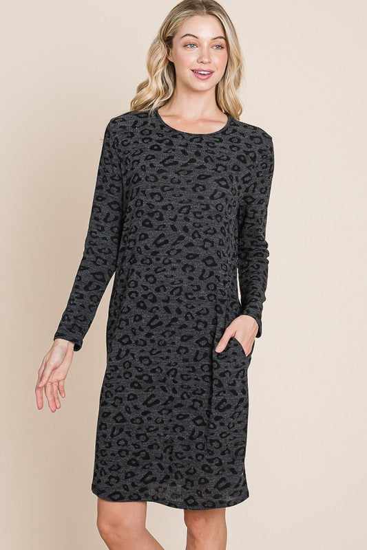 Grey Leopard Long Sleeve Dress