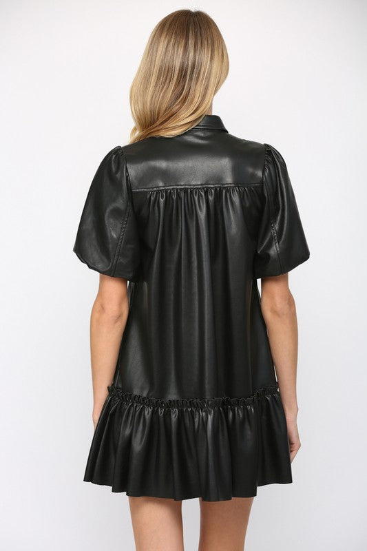 Puff Sleeve Faux Leather Dress