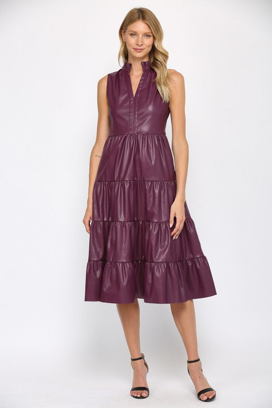 Plum Faux Leather Tiered Midi Dress