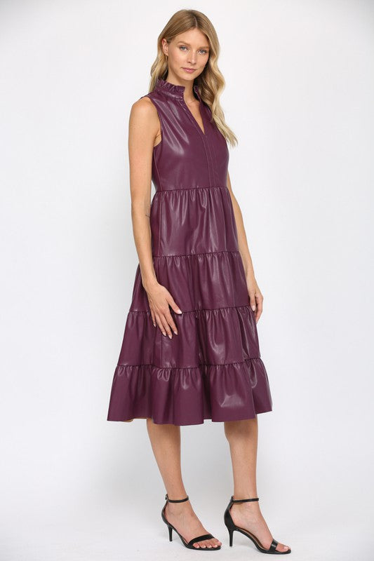 Plum Faux Leather Tiered Midi Dress