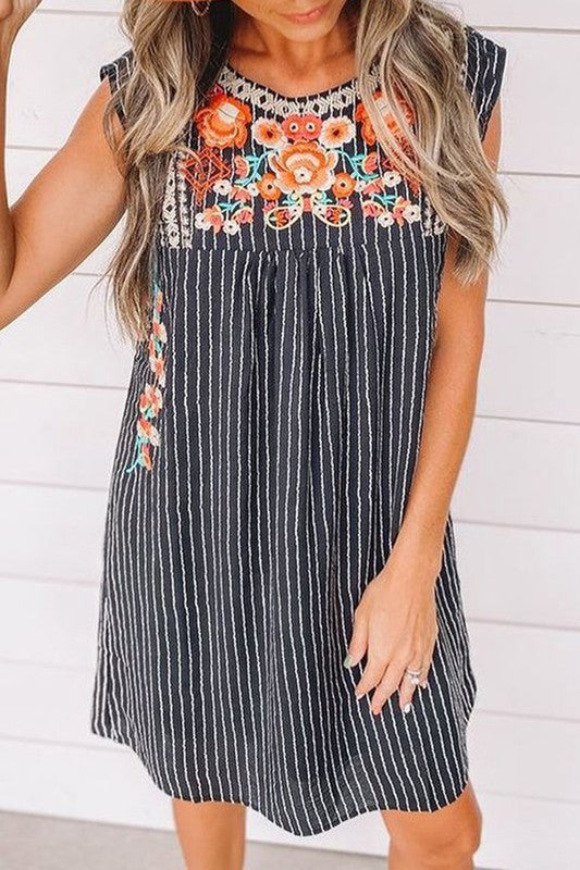 Navy Floral Embroidered Dress