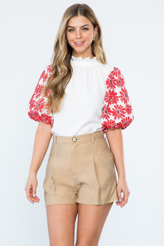 Red Floral Sleeve Top