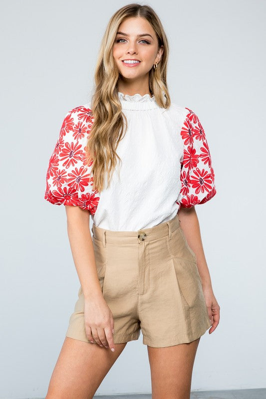 Red Floral Sleeve Top