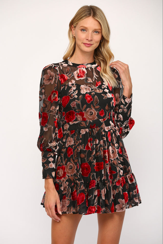 Red Floral Velvet Burnout Dress – Striped Box Boutique