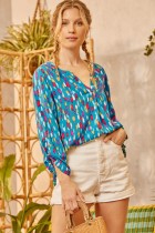 Teal Dot Woven V-Neck Top