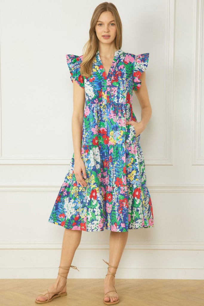 Navy Floral Tea Time Tiered Woven Dress