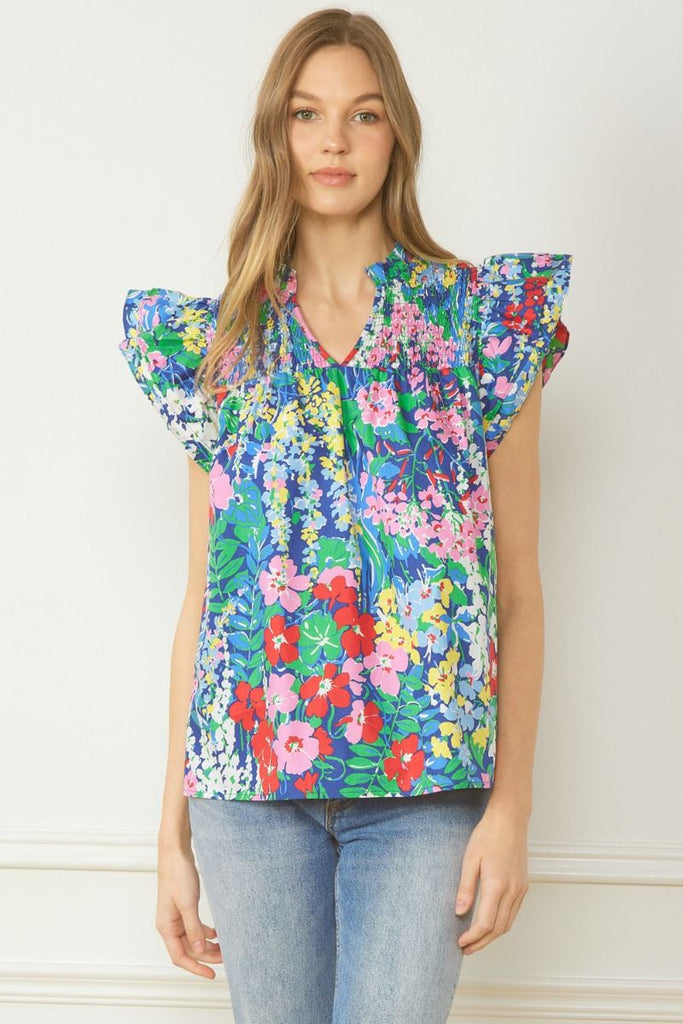 Navy Floral Ruffle Sleeve Top